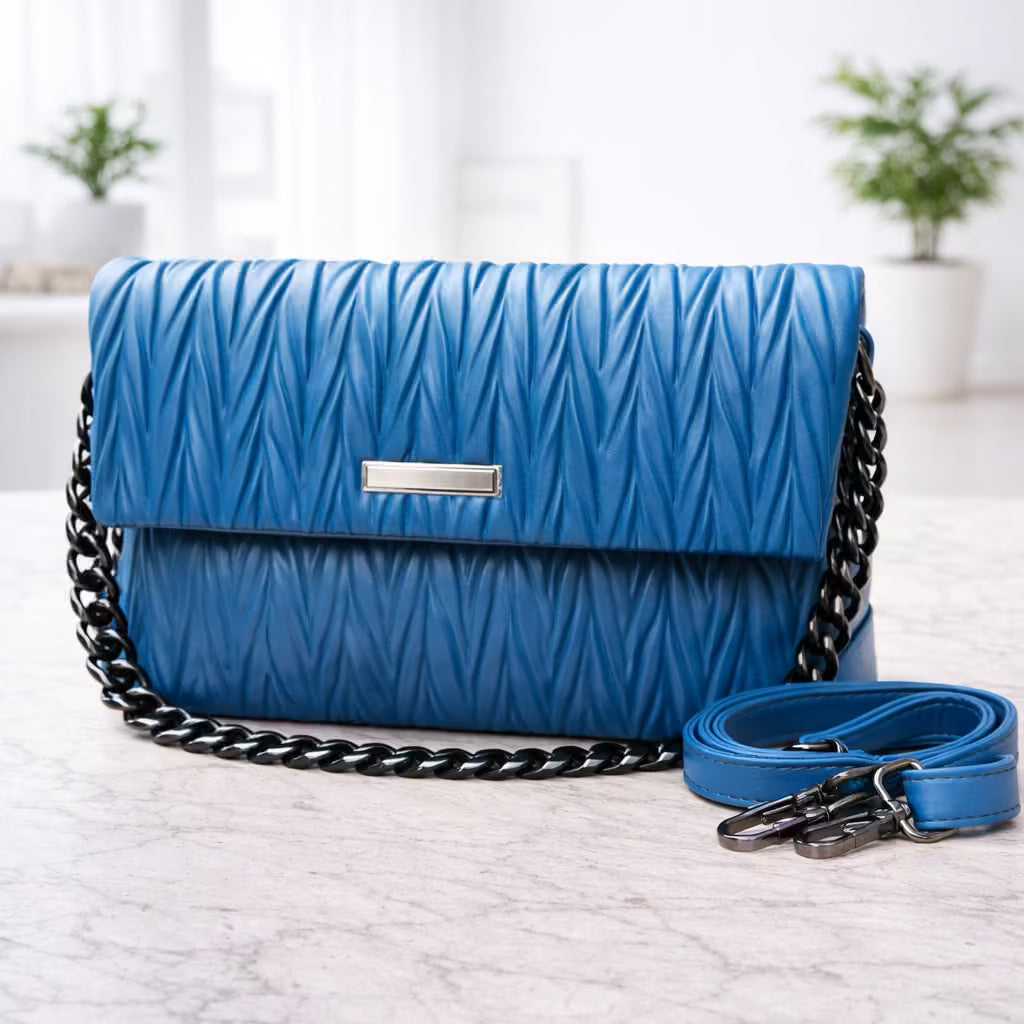 Imported Chevron Quilted Chain Bag – Blue