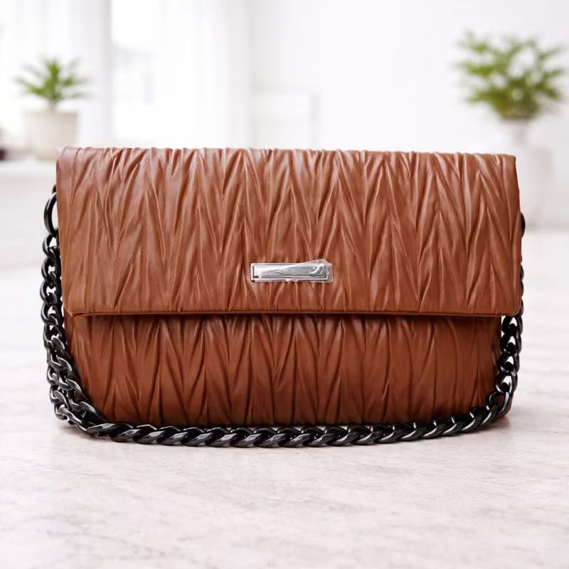 Imported Chevron Quilted Chain Bag – Brown