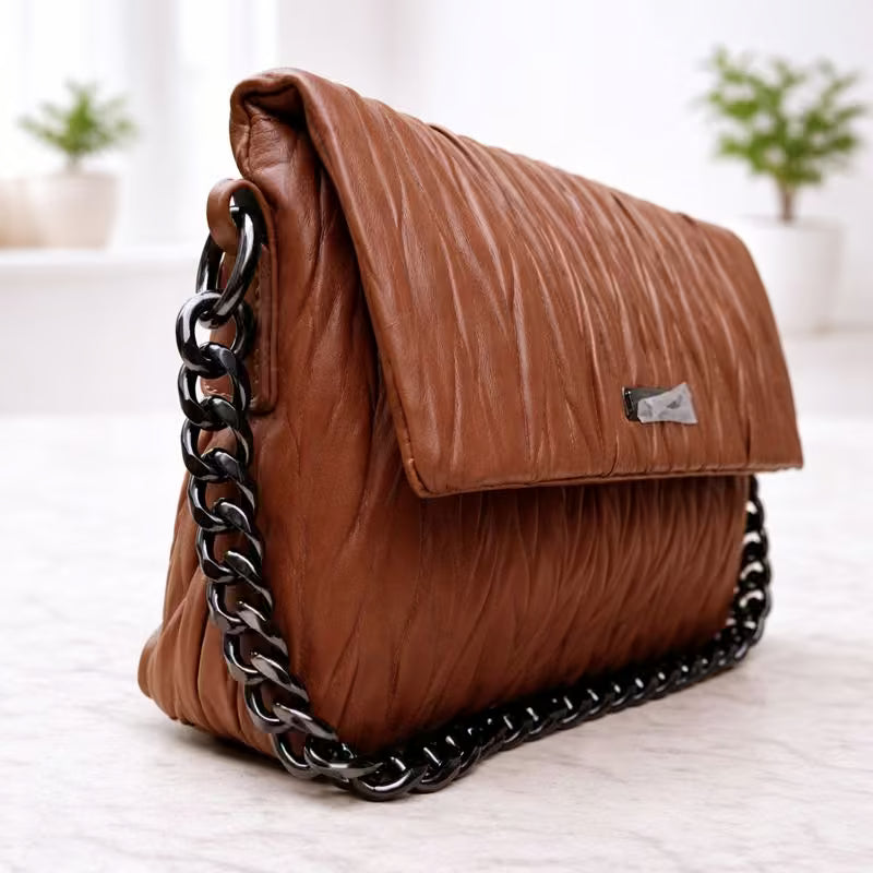 Imported Chevron Quilted Chain Bag – Brown