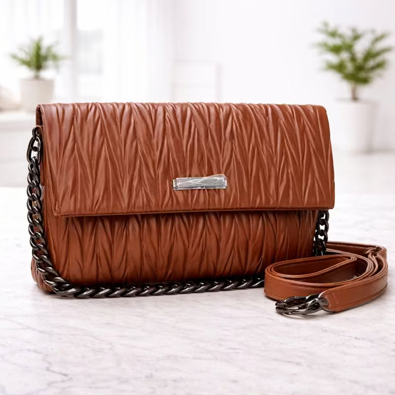 Imported Chevron Quilted Chain Bag – Brown