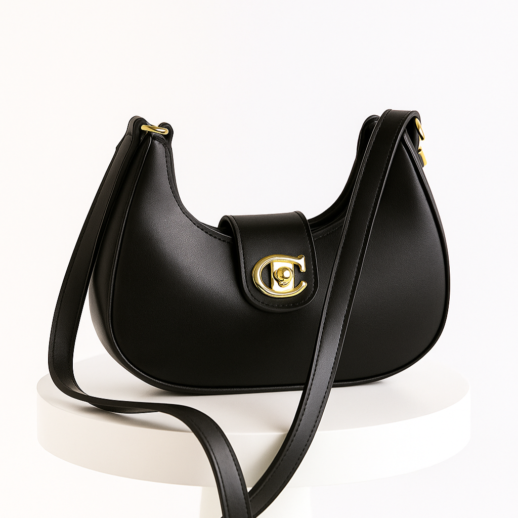 Black Shoulder Bag with Gold C-Lock