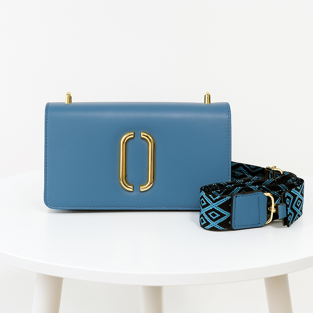 Blue Leather Crossbody Bag with Gold Accent